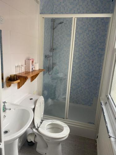 a bathroom with a toilet and a sink and a shower at The Palms Guest house in Torquay