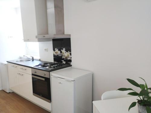 a white kitchen with a stove and a refrigerator at Active Apartments Koper in Koper