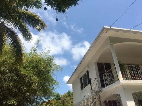 a white house with a palm tree next to it at African Symbol Guest House in Montego Bay