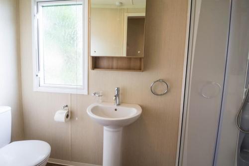 a bathroom with a sink and a toilet and a mirror at Beautiful Caravan For To Hire At Hopton Haven Park In Norfolk Ref 80027t in Great Yarmouth