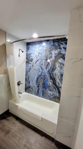 a bathroom with a bath tub with a painting on the wall at Budget Inn & Suites in Florence