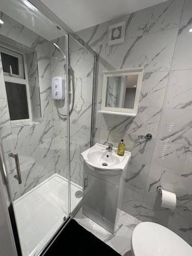 uma casa de banho com um chuveiro, um WC e um lavatório. em Luxury Detached Studio Apartment - Free Super Fast WiFi - Free Parking - 15 Mins from Luton Airport em Luton