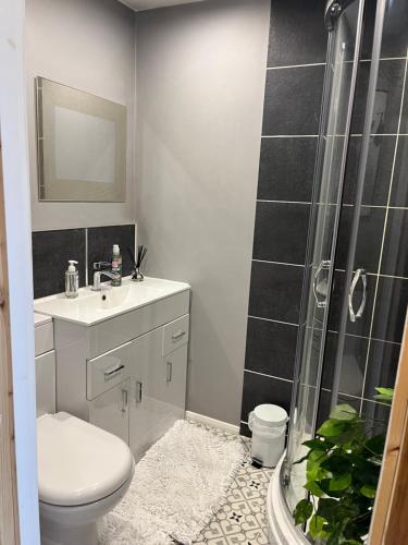 La salle de bains est pourvue d'un lavabo et d'une douche. dans l'établissement Exclusive use of Garden Room!!, à Bristol