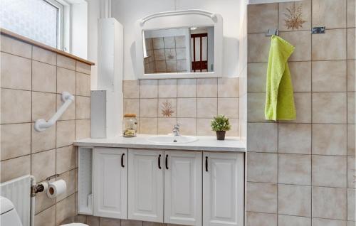 ein Badezimmer mit einem weißen Waschbecken und einem Spiegel in der Unterkunft Beautiful Home In Mariager With Kitchen in Mariager