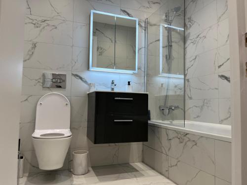 a bathroom with a toilet and a sink and a mirror at The Madison Apartment by TTLG Stays in Hemel Hempstead