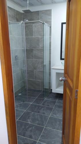 a bathroom with a shower with a glass door at HOTEL CASCADA PLAZA in Santa Fe de Antioquia