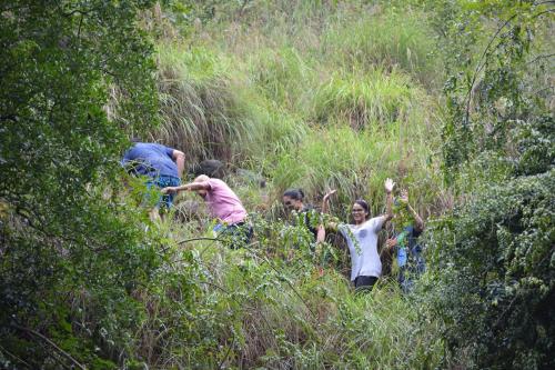a group of people walking up a grassy hill at Windy Rich Bungalow Belihuloya in Belihul Oya