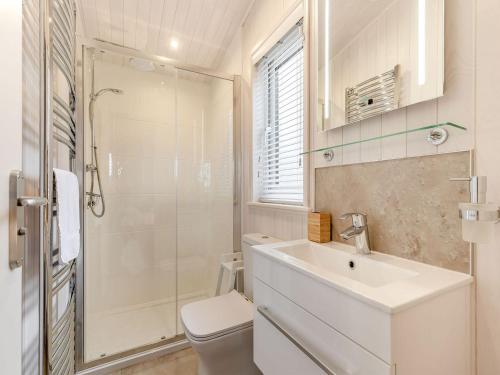 a bathroom with a toilet and a sink and a shower at Rosemary Lodge in Willington