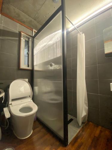 La petite salle de bains est pourvue d'une douche et de toilettes. dans l'établissement Viva La Vida - Seochon Private Apartment, à Séoul