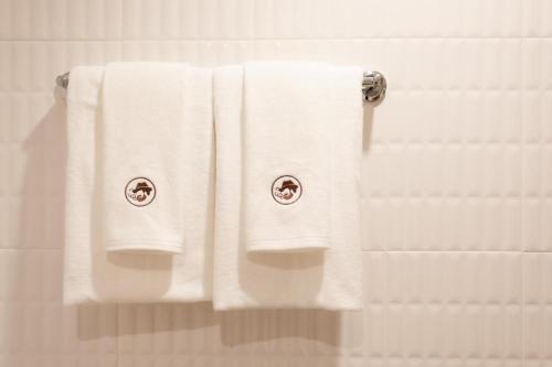 three towels hanging on a towel rack in a bathroom at Hotel PAPA Bangkok Siriraj in Bangkok