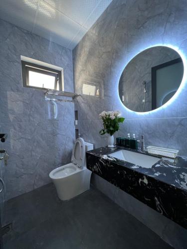 ein Badezimmer mit einem Waschbecken, einem WC und einem Spiegel in der Unterkunft Su Apartment in Da Lat