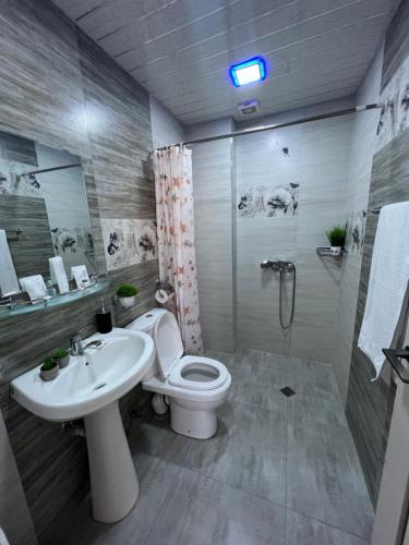 a bathroom with a toilet and a sink and a shower at Cool Blue Interior SELF CHECK IN in Yerevan