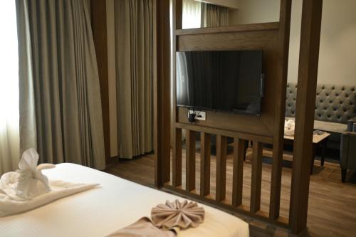 a hotel room with a bed and a television at Hotel Apricia in Ludhiana