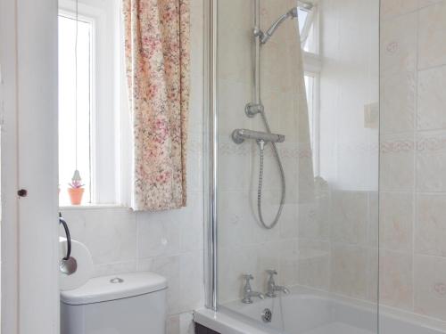 a bathroom with a shower and a toilet and a tub at Upper Broughton Farm Cottage in Snead