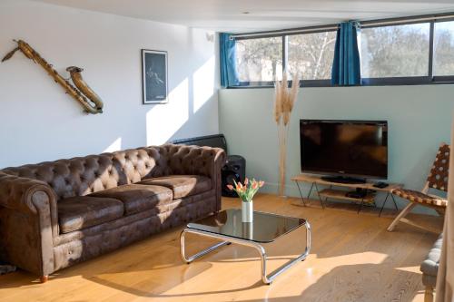 een woonkamer met een bruine bank en een tv bij Loft sur l'eau en centre-ville de Compiègne in Margny-lès-Compiègne