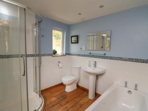 La salle de bains est pourvue de toilettes, d'un lavabo et d'une douche. dans l'établissement Yr Odyn, à Llangrannog