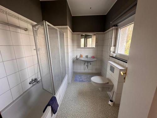 a bathroom with a shower and a toilet and a sink at Charming Villa On The Forest In Wald 12 guests Hugh garden WILLINGEN SAUERLAND in Brilon