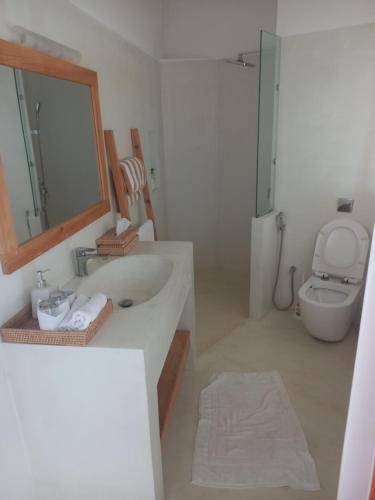 a bathroom with a sink and a toilet and a mirror at Lihinya Beach Villa Ahangama in Ahangama