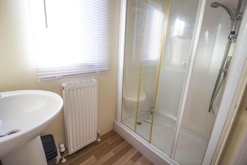 a bathroom with a shower and a sink at Caravan With Decking At Manor Park In Hunstanton, Sleeps 6 Ref 23045b in Hunstanton