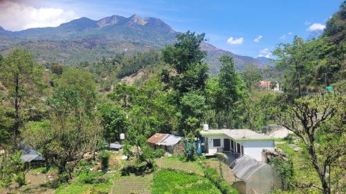 een luchtzicht op een huis met bergen op de achtergrond bij Hotel Aashirwad in Chamoli
