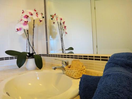 lavabo con jarrón de flores y espejo en Hotel La Tartaruga Bianca, en Valledoria