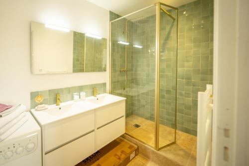 une salle de bain avec un lavabo et une douche en verre dans l'établissement Hyper centre - duplex 73m2 au dernier étage, à Le Touquet-Paris-Plage