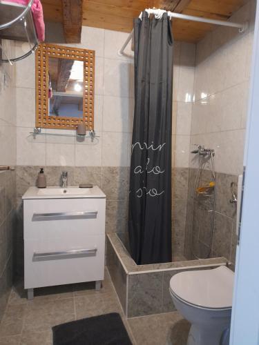 La salle de bains est pourvue d'une douche, d'un lavabo et de toilettes. dans l'établissement Apartmani Sanja, à Šibenik