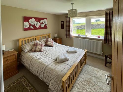 a bedroom with a bed with pillows and a window at Two Hoots in Wigglesworth