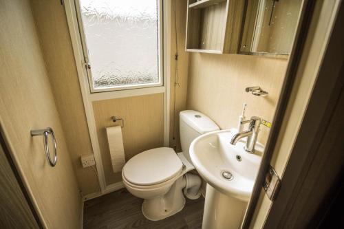 a small bathroom with a toilet and a sink at Modern 6 Berth Caravan With Decking At Cherry Tree Park In Norfolk Ref 70324c in Great Yarmouth