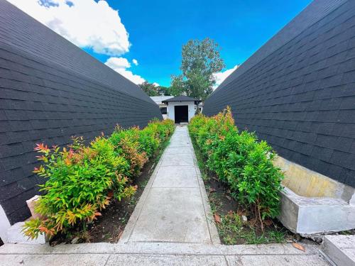 a walkway between two large black roofs with plants at Aurora Villas and Cabin Resort in Clark