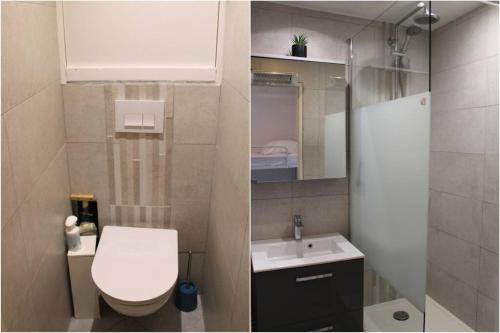 małą łazienkę z toaletą i umywalką w obiekcie T1 Cabine 4 couchages vue mer ! w mieście Frontignan