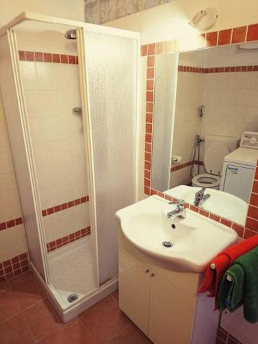 a bathroom with a sink and a shower and a toilet at Monolocale La Maddalena in La Maddalena