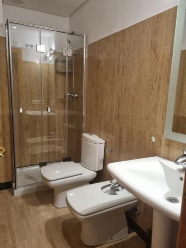 a bathroom with a toilet and a shower and a sink at Cozy apartment in the city center in Granada