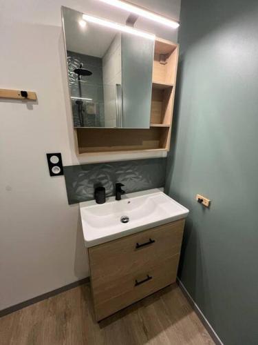 une salle de bain avec un lavabo et un miroir dans l'établissement Maison avec cour privative, à Luz-Saint-Sauveur