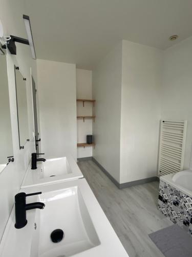 uma casa de banho branca com um lavatório e um espelho em Le Duplex em Louviers
