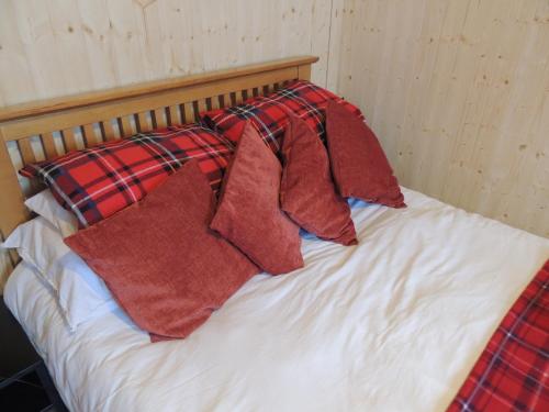 a bed with red pillows on top of it at Burns Cottage in Dalleagles