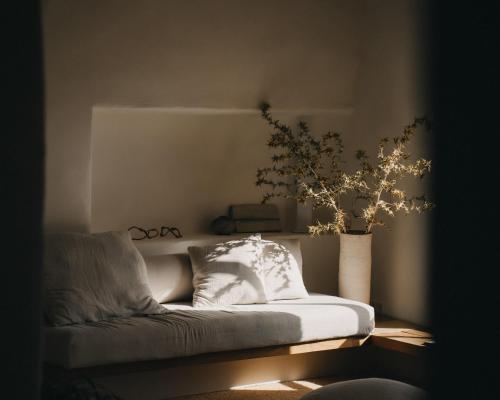 ein Zimmer mit einem Sofa mit einer Vase mit einer Pflanze in der Unterkunft Es Racó d´Artà in Artá