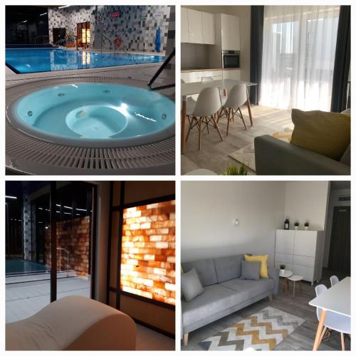 a collage of photos of a living room and a pool at Apartamenty nad morzem & SPA BEST HOME 5 Mórz basen kryty in Sianozety