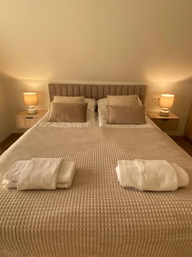1 dormitorio con 2 almohadas en una cama con 2 lámparas en Naujasis pajūris K17 en Palanga