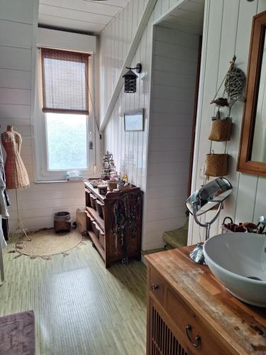 La salle de bains est pourvue d'un lavabo, d'une coiffeuse et d'une fenêtre. dans l'établissement Chambre chez l'habitant, au Mans