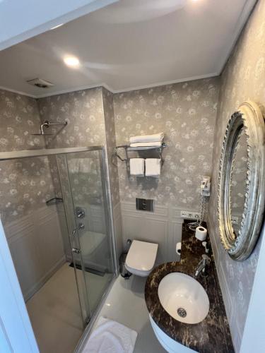 uma casa de banho com um chuveiro, um lavatório e um WC. em Ersari Hotel em Istambul