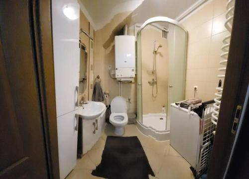 a bathroom with a toilet and a sink and a mirror at Apartament Kościuszki in Sanok