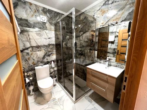 a bathroom with a shower and a toilet and a sink at Hotel Gundl Alm in Schliersee