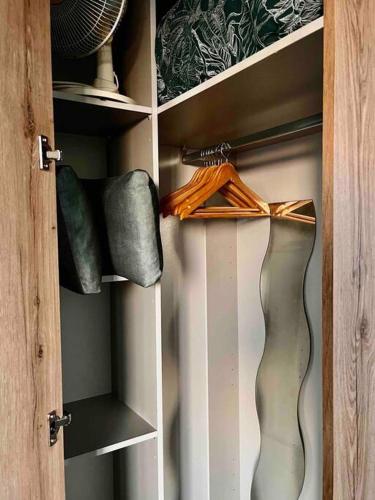 une armoire avec deux skis dans l'établissement Studio côté plage tout équipé vue sur le Canigou, à Canet