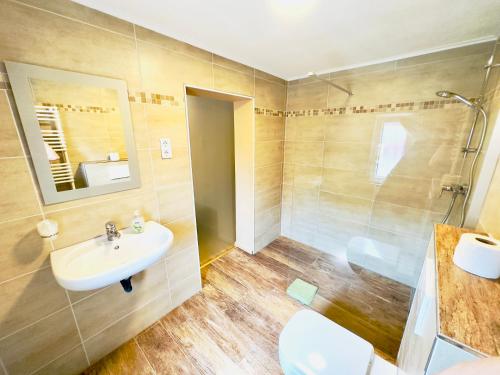 a bathroom with a sink and a toilet and a shower at Europa Pension zum Grünen Baum in Rust