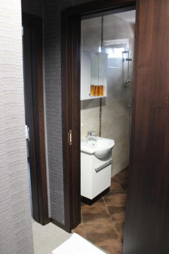 a bathroom with a white sink and a mirror at Guest House Veni in Blagoevgrad