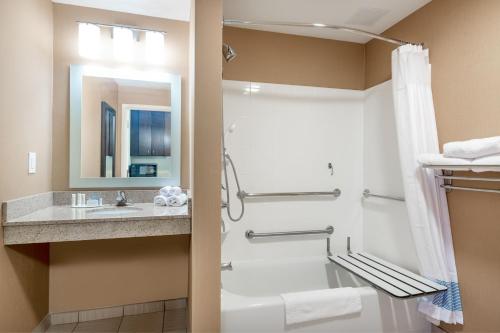 y baño con lavabo y ducha. en TownePlace Suites by Marriott Charlotte Mooresville, en Mooresville