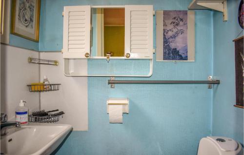 een badkamer met een wastafel, een spiegel en een toilet bij Cozy Home In Sknes Fagerhult With Kitchen in Skånes Fagerhult