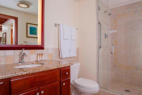 a bathroom with a shower and a toilet and a sink at Marriott's Ko Olina Beach Club in Kapolei