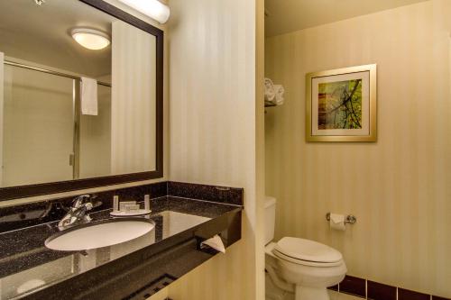 een badkamer met een wastafel, een toilet en een spiegel bij Fairfield Inn & Suites Palm Coast I-95 in Palm Coast